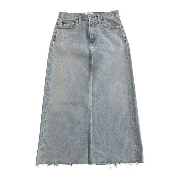 Agolde Dresses & Skirts - AGOLDE Denim Maxi Skirt Light Wash Raw Hem Back Slit High Rise Size 24 NWOT